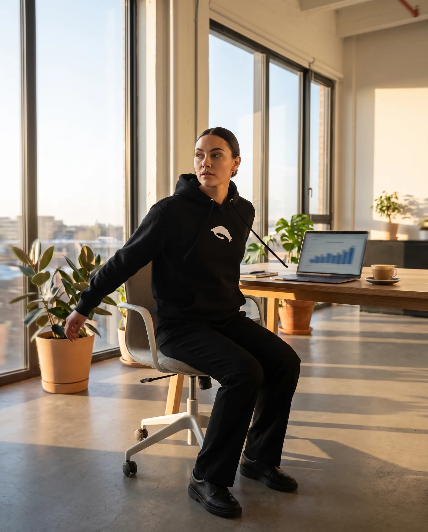 Model im Shrimp Hoodie beim Aufstehen vom Schreibtisch im Co-Working-Loft