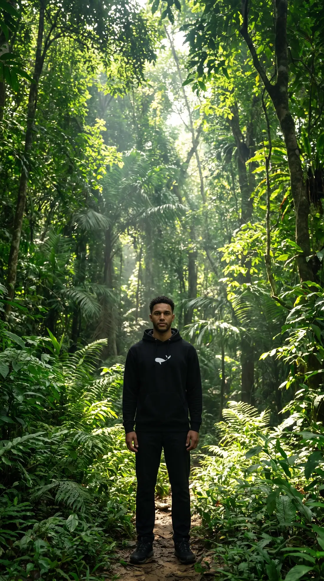 Model im Whale Hoodie klein auf einem Pfad im thailändischen Dschungel