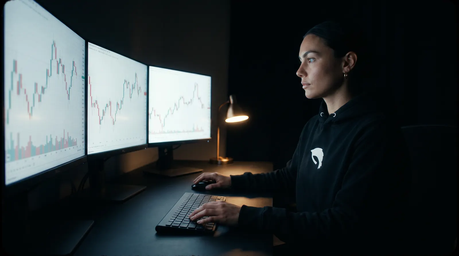 Model im Shrimp Hoodie am selben Trading-Desk im Monitor-Glow