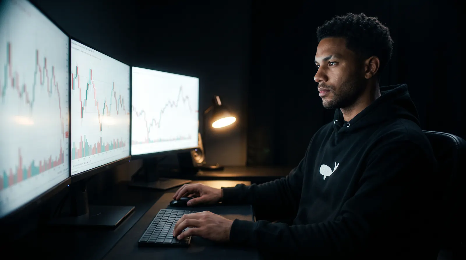 Model im Whale Hoodie am nächtlichen Trading-Desk, Monitore als einzige Lichtquelle