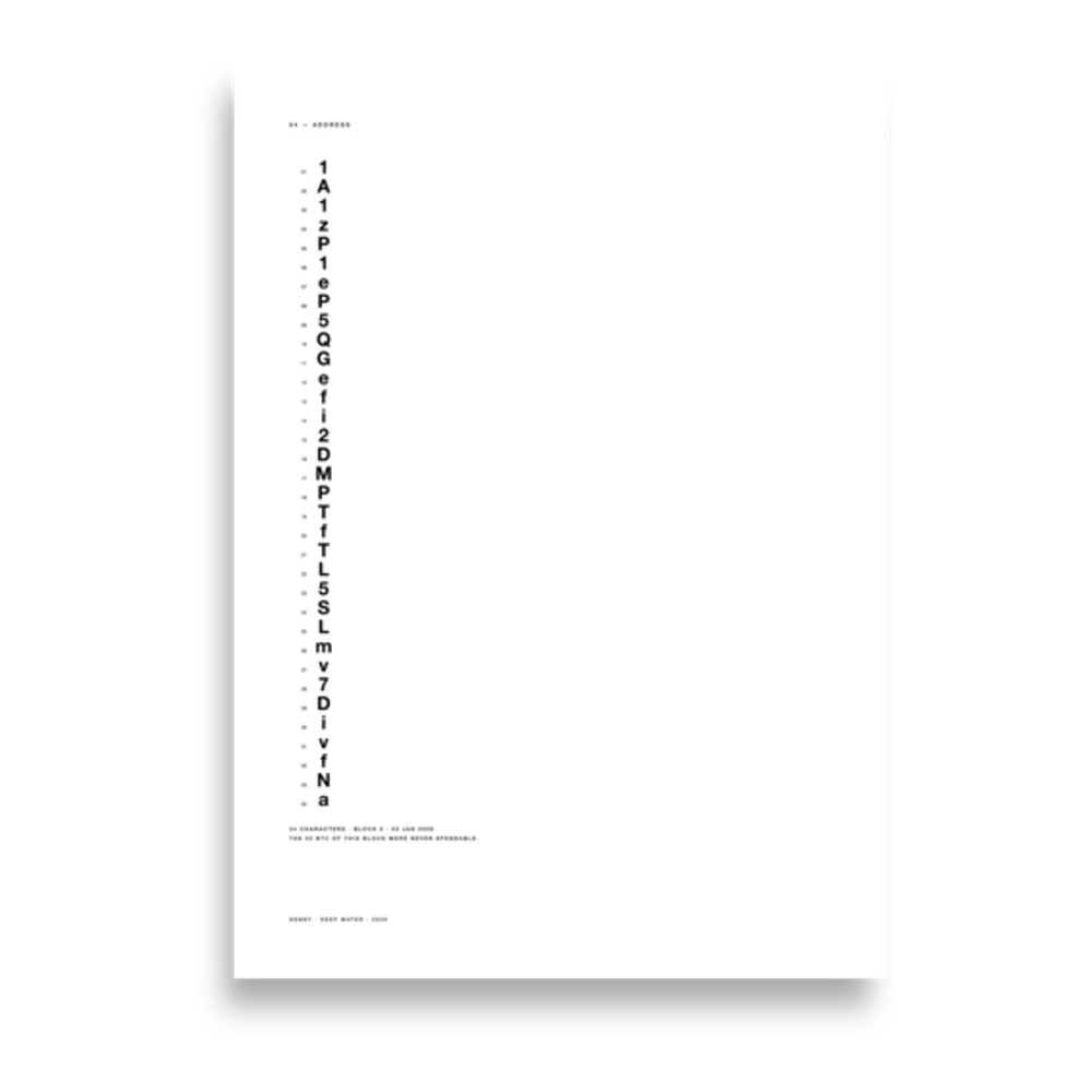 A2 poster: the 34 characters of the genesis address as a numbered column — Deep Water, edition of 50