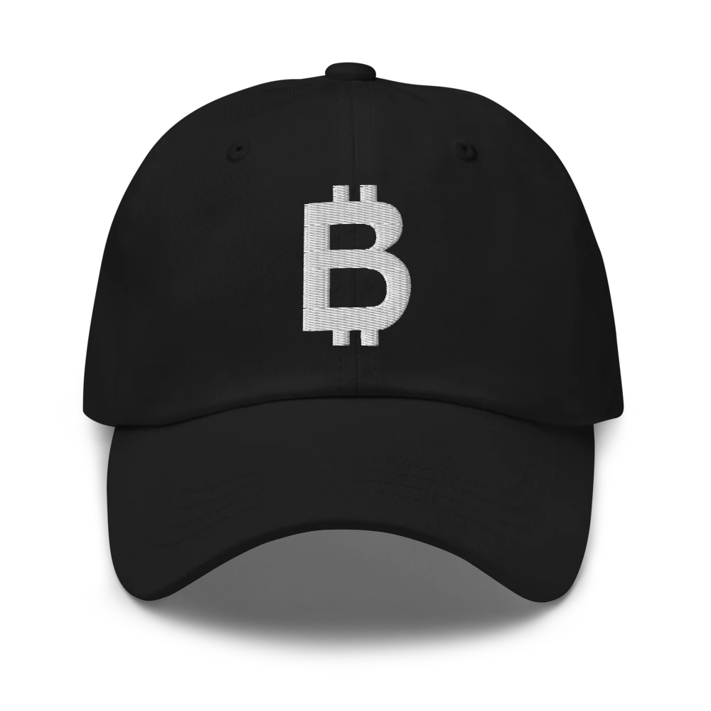 Black dad cap with the Bitcoin symbol embroidered in white — Deep Water, edition of 210