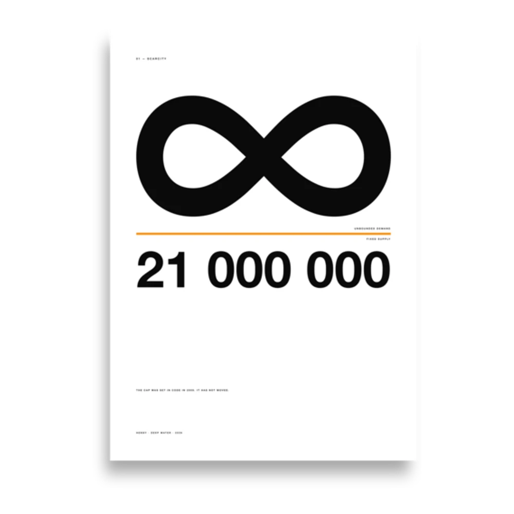 A2 poster: the scarcity formula, unbounded demand divided by 21 million — Deep Water, edition of 50